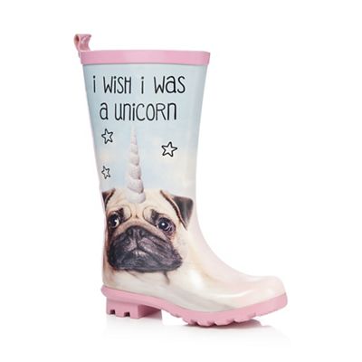 bluezoo Girls' pink pug print wellington boots